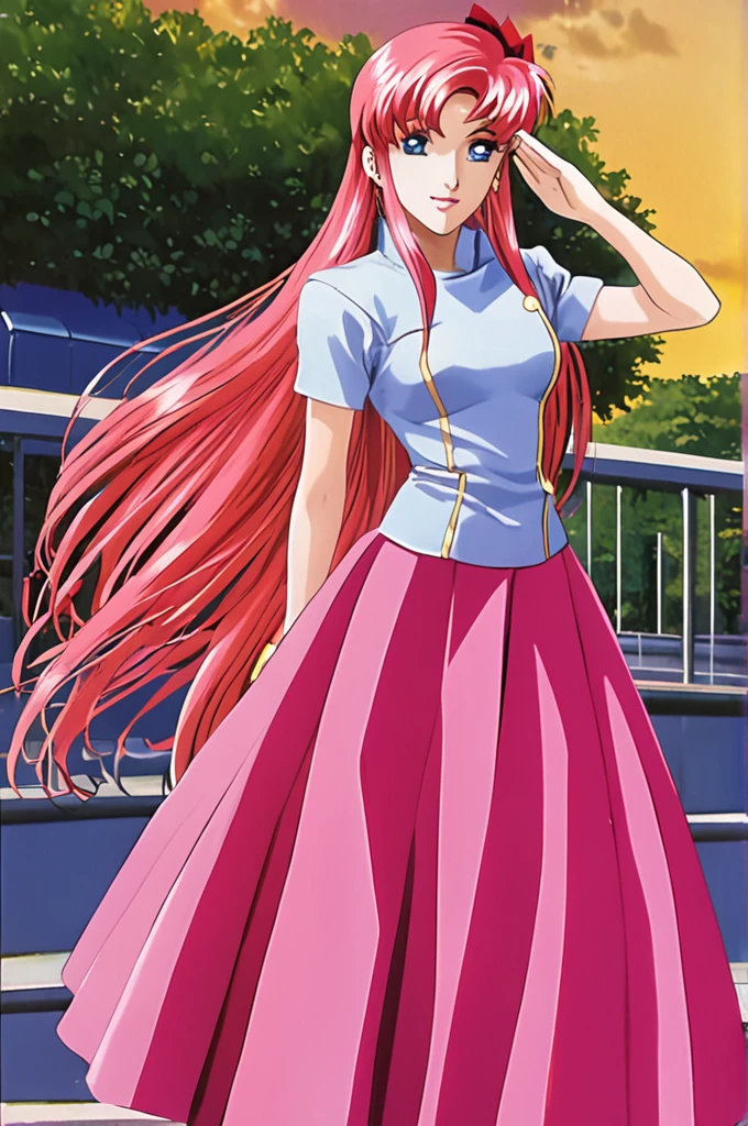 Lacus Clyne,One girl,alone,dress,Pink skirt,Long Hair,Long skirt,Short sleeve,Blue Eyes,Pink Hair,blue eyes,Lips parted,View your viewers,salute,A light smile,1990s \(style\),retro artstyle,