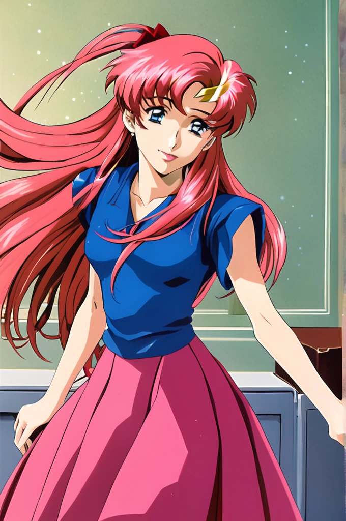 Lacus Clyne,One girl,alone,dress,Pink skirt,Long Hair,Long skirt,Short sleeve,Blue Eyes,Pink Hair,blue eyes,Lips parted,View your viewers,salute,A light smile,1990s \(style\),retro artstyle,