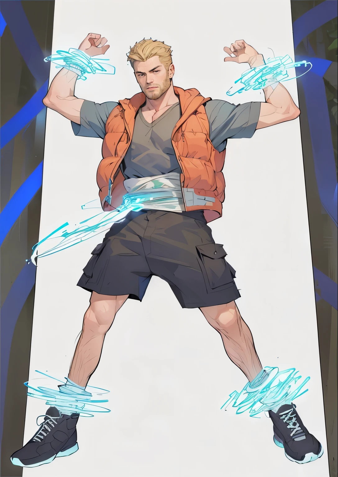 Medium shot, Handsome male,, Professional photo 4k, high resolution, High Detail, Wear a casual shirt, richardmadden 人,There was a man with a rope and a vest, Two-dimensional art style, in style of digital illustration, Disco Elysium Characters, Fan Art, Rotoscoping Machine, aura jared and wires, Thor at Disco Elysium, Concept map, Short full body portrait!, Rotoscoping Machined, His arms and legs are hanging in the air, Digital illustration masterpiece, best quality, There is a cartoon,A man with his hands raised above his head!!!, muscular!, Handsome guy's whole body, high resolution佣金, (Black Tentacles:1.4)!!!, Super charming and cool, Heavy hand gesture style close up,anthropology, (Small coat:1.2), (Sweat:1.4), (Blonde short hair:1.3)!, Muscle Man, muscular characters, (fierce:1.5), Ash-gold eyes, Exquisite eyes, Light Blonde Gray Hair,Background is a dark dungeon,groundwater,moss,Stone Brick,On top of a pillar of fire,Look up at the camera, (Hanging in the air:1.8),(full-body shot:1.5),Black Tentacles缠绕四肢,Sticky mucus,Gold inch,Golden beard,Scar,Showing off your abdominal muscles,Painful expressions,White slime