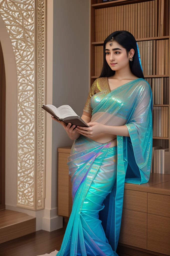 In a futuristic library bathed in holographic light, Saraswati, the goddess of knowledge, reigns supreme. Her exoskeleton shimmers with a traditional saree pattern, mirroring the vibrant displays. Four graceful arms, tipped with glowing interfaces, navigate holographic requests above a sleek reception desk. Her kind eyes scan the vast library – towering holographic shelves, diverse patrons, and cozy reading nooks. Ethereal music fills the air as a majestic data-swan circles. This breathtaking goddess, draped in her heritage, ensures knowledge flows for all.