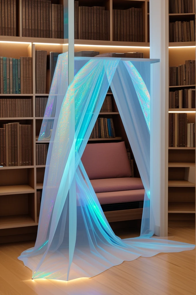 In a futuristic library bathed in holographic light, Saraswati, the goddess of knowledge, reigns supreme. Her exoskeleton shimmers with a traditional saree pattern, mirroring the vibrant displays. Four graceful arms, tipped with glowing interfaces, navigate holographic requests above a sleek reception desk. Her kind eyes scan the vast library – towering holographic shelves, diverse patrons, and cozy reading nooks. Ethereal music fills the air as a majestic data-swan circles. This breathtaking goddess, draped in her heritage, ensures knowledge flows for all.