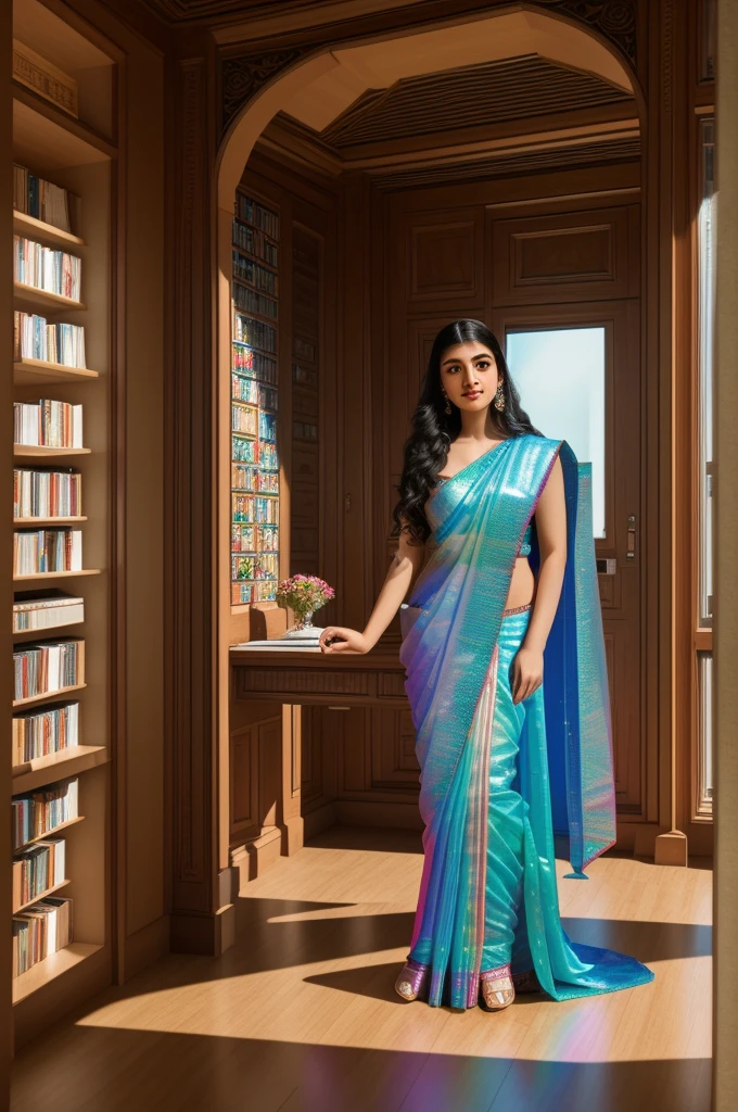 In a futuristic library bathed in holographic light, Saraswati, the goddess of knowledge, reigns supreme. Her exoskeleton shimmers with a traditional saree pattern, mirroring the vibrant displays. Four graceful arms, tipped with glowing interfaces, navigate holographic requests above a sleek reception desk. Her kind eyes scan the vast library – towering holographic shelves, diverse patrons, and cozy reading nooks. Ethereal music fills the air as a majestic data-swan circles. This breathtaking goddess, draped in her heritage, ensures knowledge flows for all.