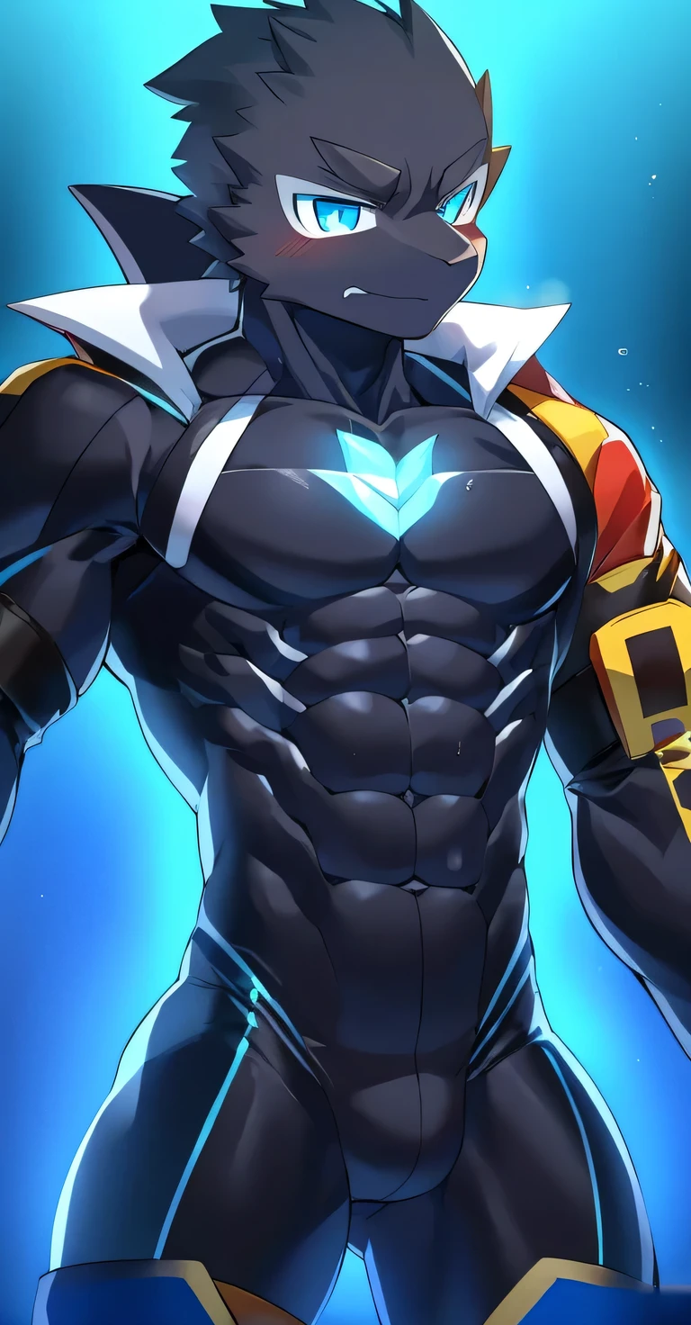 Thin macho　western black dragon　　abs　　　　　Hollow abs　　body suit　　thick arms　　　chest rig　　　、sweaty　　　skin glow　　profile　　Wearily　short of breath　　  　Chemo shota　　
have a 　blue eyes　Tired look jacket　ガットパンチ