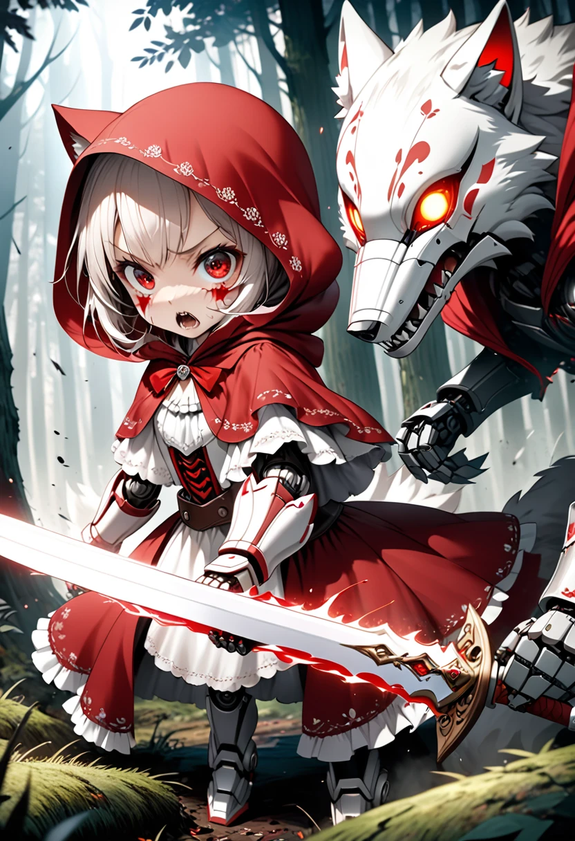 Fantasy CG art,Depicting the deadly battle between Little Red Riding Hood and the wolf,Little Red Riding Hood has a cute appearance,Red twin-tail hairstyle,she wears flashy red and white robot armor and a long red hood.(In both hands he holds a beautifully decorated red and white sword:1.2)The wolf is black in robot style.He is about to pounce on Little Red Riding Hood with a frightening expression on his face.A deadly battle in a mysterious forest,A tense and heated battle is unfolding.A view of Little Red Riding Hood from directly behind.High quality, high definition, 4k, 8k. Ultra detail,Ultra-fine painting,Vivid colors,