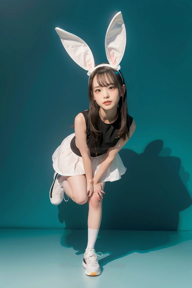 1girl, Cartoon animal design, flat style cute rabbit full body photo, simple but not lost sense of design, fresh flat style, cyberpunk elements are applied freely, the front view presents a charming cute posture, and the feet hang down in a cute posture