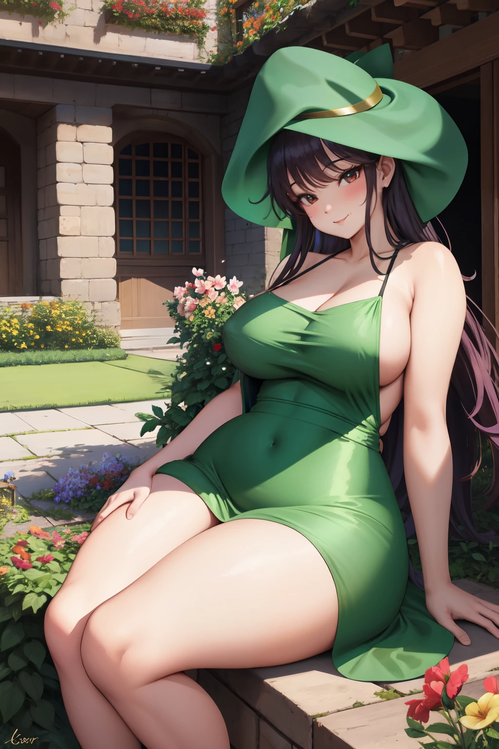 work of art, best qualityer, 1 girl, courtyard, flowers, Vineyard, Leprechaun, long green silk dress, thicc thighs, ssmile, leaning on the object,