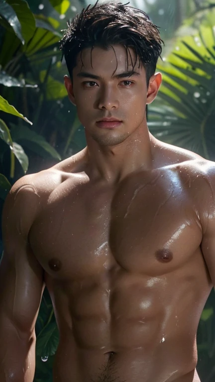 (best quality,4k,8k,highres,masterpiece:1.2),ultra-detailed,(realistic,photorealistic,photo-realistic:1.37),shirtless wet face and full body,sweat glistening on his skin,raindrops falling down his toned chest,rugged jawline,perfectly sculpted abs,rippling muscles,sinewy arms,light reflecting off his wet hair,dark intense eyes,piercing gaze,exuding confidence and allure,wet droplets on his full lips,determined expression,subtle shadows highlighting his facial features,glistening water droplets on his body,highlighting his defined physique,tattoos peeking out from beneath the wet skin,glistening sunlight filtering through the trees in the background,lush green foliage surrounding him,creating a serene and captivating atmosphere,dramatic lighting casting shadows on his chiseled face,emphasizing his strong features,creating a sense of mystery and intrigue,striking contrast between his wet skin and the dark background,contrasting textures of wetness and roughness,depicting his raw masculinity and power, full naked, big ass