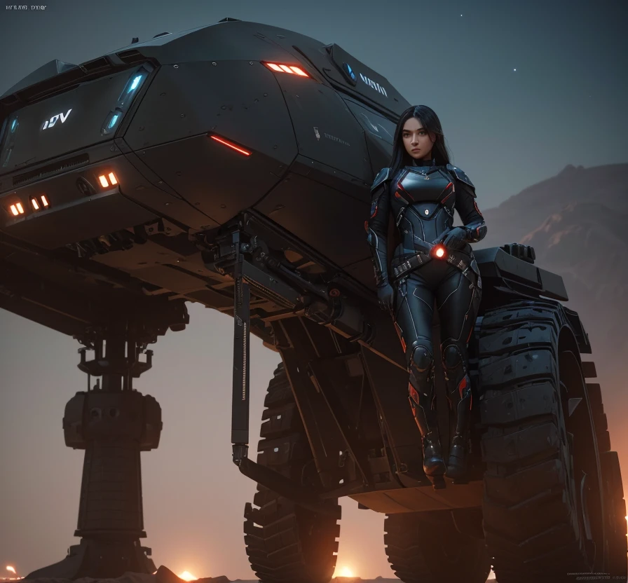 elegant girl in futuristic black warrior jumpsuit, long dark hair, on surface of Mars with red rocky terrain and dramatic Martian sky, futuristic war tank in background with FMS logo, sense of futuristic adventure and sci-fi elements, (best quality,4k,8k,highres,masterpiece:1.2),ultra-detailed,(realistic,photorealistic,photo-realistic:1.37),HDR,UHD,studio lighting,ultra-fine painting,sharp focus,physically-based rendering,extreme detail description,professional,vivid colors,bokeh,sci-fi,concept art