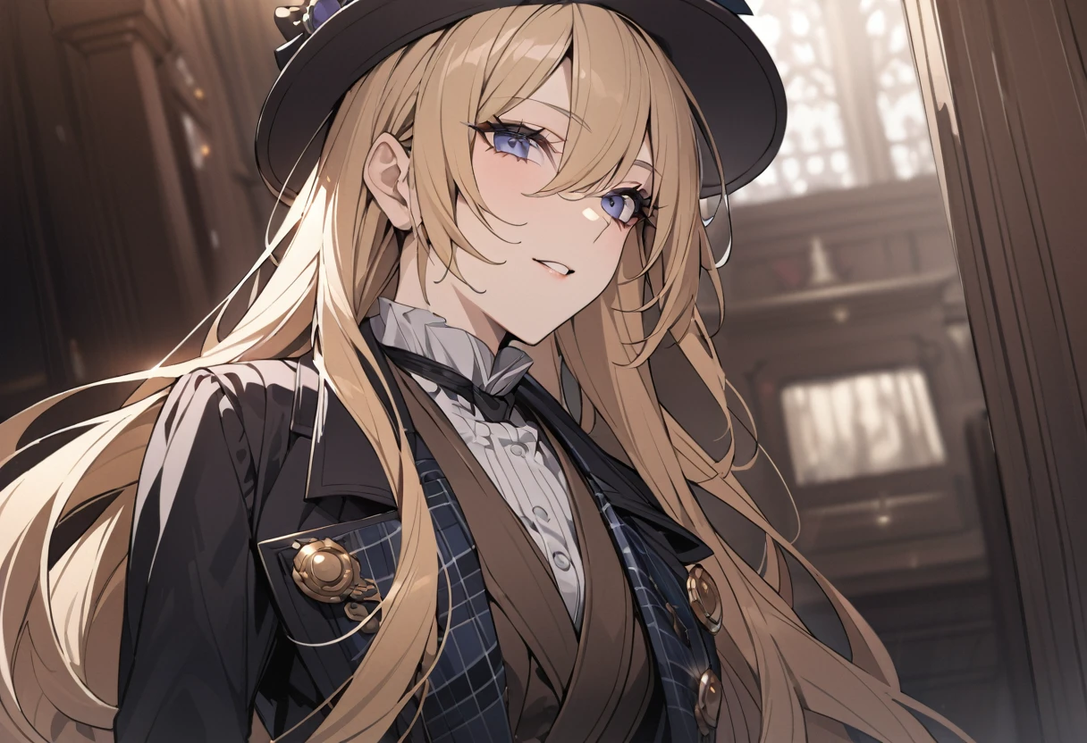 (detailed), adult woman like Sherlock Holmes, Wearing a silk hat and an Inverness coat, British gentleman style, ((highest quality)), ((masterpiece)), perfect face, blonde hair, long hair, Woman in her 20s