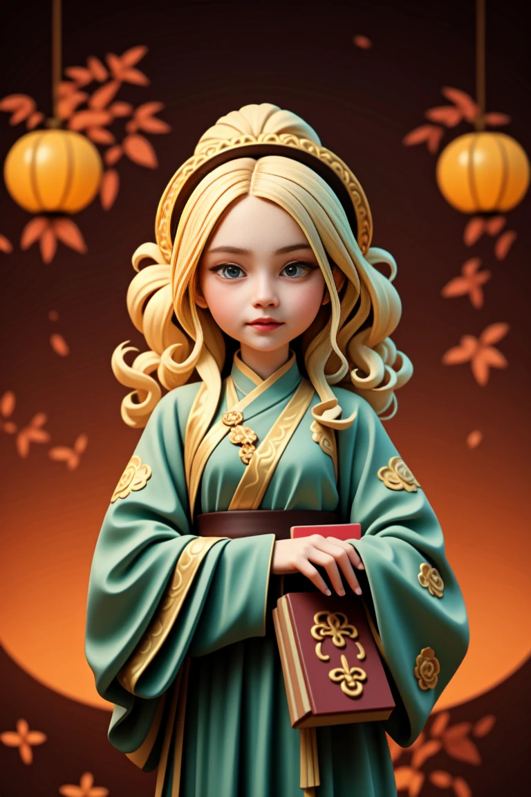 an epic colorful book cover of a 20th century young Blonde 20 year old Swedish witch, green eyes, transported in Tang Dynasty times in ancient China, European face, Tang dynasty clothes, wearing colorful red hanfu, neutral expression, holding a shining magic book, in a palace room, masterpiece, best quality, trending on artstation, intricate details, eerie magical atmosphere, sparkles, epic background, Chinese palace in the background
