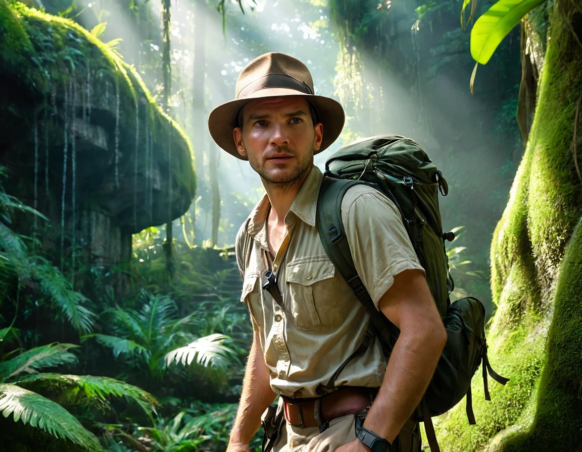 a beautiful detailed jungle scene, lush tropical forest, ancient ruins, adventurer exploring, detailed foliage, mossy rocks, sunlight filtering through trees, 1 person, adventurer outfit, hiking backpack, Indiana Jones style hat, determined expression, (best quality,4k,8k,highres,masterpiece:1.2),ultra-detailed,(realistic,photorealistic,photo-realistic:1.37),intricate details,cinematic lighting,vibrant colors,dramatic shadows,mystical atmosphere