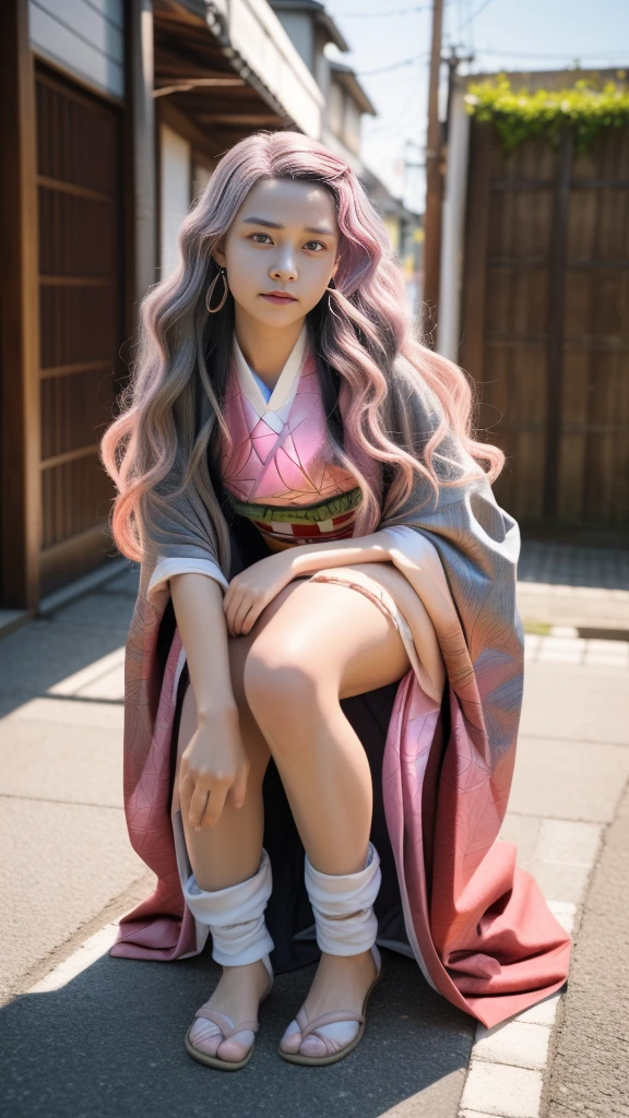 Cute Japanese woman, (), (Very cute face: 1.3), White and moisturized skin,
BREAK,
Fighter, Kung Fu fighter, Idol,
BREAK,
(Wearing cute kimono: 1.3), (Very revealing kimono), Very large earrings, Short length,
BREAK,
(Long hair), (Gray hair), (Wavy hair), (Gradient pink hair: 1.3), (Red hair at the ends),
BREAK,
(Realistic: 1.3), Masterpiece, Perfect lighting, (Ultra high resolution), (8K), (Very detailed: 1.4), (From the front), Looking at the camera, Melancholy expression, (Full body: 1.3),
BREAK,
(Japanese city streets: 1.2), (Great fire in the background),
BREAK,
(Demon Slayer: 1.4),
BREAK,
(Hellfire: 1.2), Demon,