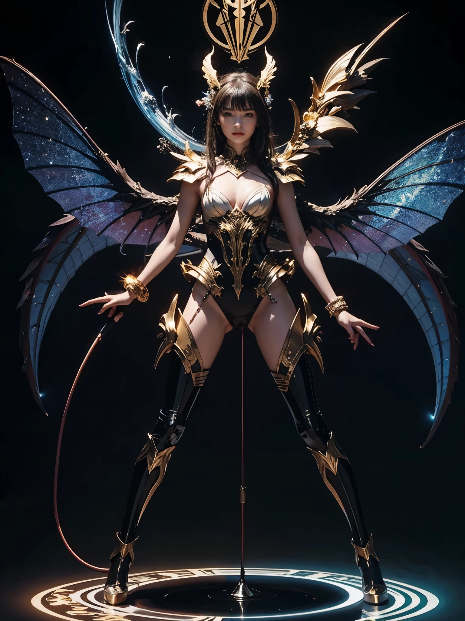 1girl, Armor, Wings, beautiful dragon, futuristic evolved Nekomata, (Neon glowing body), 2 tails, holographic, (The wings are symmetrically paired;1.5), Tricolor color body

