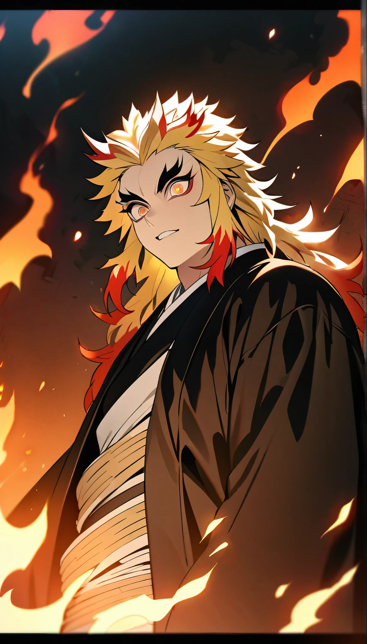 Absurd, High resolution, Super detailed, High resolution, masterpiece, highest quality, Highly detailed face and eyes, Rengoku Kyojuro, Blonde, Expressive orange eyes, Kimetsu no Yaiba, alone, Sexy man, good looking, Wrapped in a flame aura,With a sword