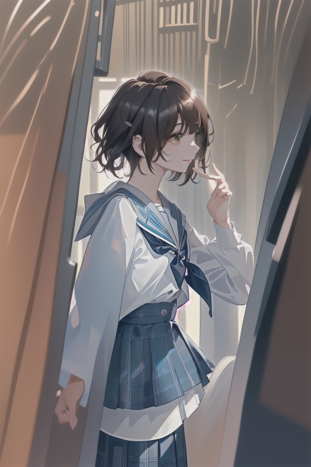 concept:Woman taking selfie. quality:(最高quality, 4K, High resolution, masterpiece:1.2), Very detailed, (Genuine, photoGenuineistic:1.37). illumination:Bright colors, Bright colors and mesmerizing effects, (Warm sunshine), 柔らかく繊細なillumination, Gentle glow, Lens flare, The overall atmosphere is beautiful and gentle... Thematic Intelligence:alone, ((young woman)), (Round eyes), (Small face), (Skin with attention to detail:1.2), Long eyelashes, Glossy Lips, (Brown Hair, Long Wavy Hair, Brown eyes), (Slim figure, Happy expression), (((In front of the mirror))), ((Shooting with a smartphone:1.2)), (Gazing Eyes:1.5, take a picture),((( Hold your cell phone in front of your face))), (((High School Uniform:1.2, Grey jacket, Open jacket, White shirt, Dark blue checked skirt, Captivating thighs))), smile, Happy, charm. Other details:Take a selfie through the mirror, Reflected in the full-length mirror, Genuineなレンダリング, Natural pose,((Hold your cell phone in front of your face)), charmなsmile, A fun connection, Exquisite texture, Perfect composition, Happy moments, Beautiful Skin, Glowing Skin, Perfect Fingers, Five Fingers, Anatomically correct, Smartphone Photos.,In a completely different expression。