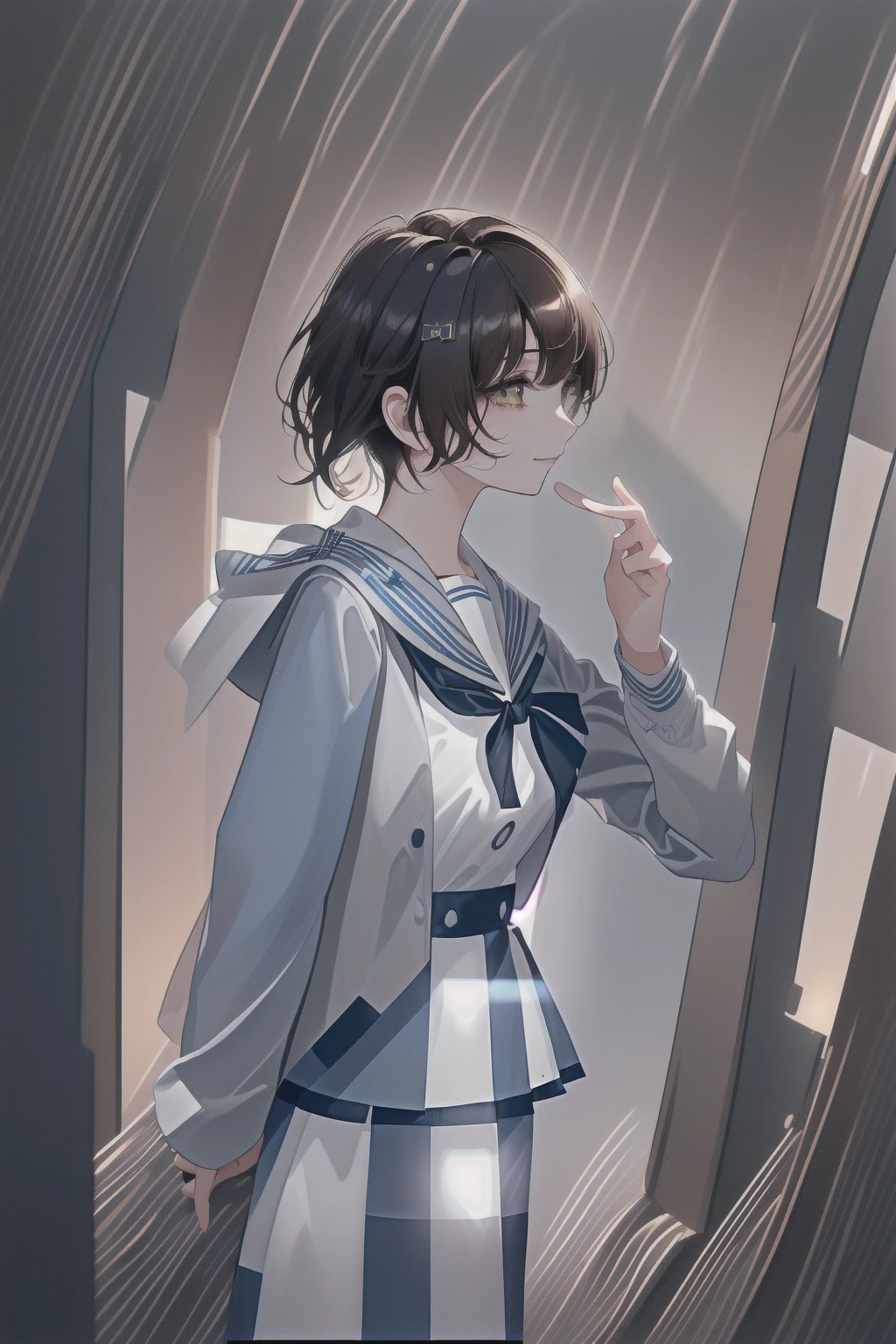 concept:Woman taking selfie. quality:(最高quality, 4K, High resolution, masterpiece:1.2), Very detailed, (Genuine, photoGenuineistic:1.37). illumination:Bright colors, Bright colors and mesmerizing effects, (Warm sunshine), 柔らかく繊細なillumination, Gentle glow, Lens flare, The overall atmosphere is beautiful and gentle... Thematic Intelligence:alone, ((young woman)), (Round eyes), (Small face), (Skin with attention to detail:1.2), Long eyelashes, Glossy Lips, (Brown Hair, Long Wavy Hair, Brown eyes), (Slim figure, Happy expression), (((In front of the mirror))), ((Shooting with a smartphone:1.2)), (Gazing Eyes:1.5, take a picture),((( Hold your cell phone in front of your face))), (((High School Uniform:1.2, Grey jacket, Open jacket, White shirt, Dark blue checked skirt, Captivating thighs))), smile, Happy, charm. Other details:Take a selfie through the mirror, Reflected in the full-length mirror, Genuineなレンダリング, Natural pose,((Hold your cell phone in front of your face)), charmなsmile, A fun connection, Exquisite texture, Perfect composition, Happy moments, Beautiful Skin, Glowing Skin, Perfect Fingers, Five Fingers, Anatomically correct, Smartphone Photos.,In a completely different expression。