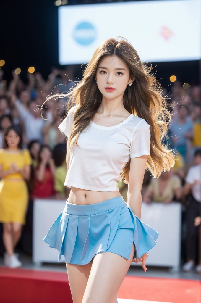 (((best quality))), (((ultra detailed))), (((masterpiece))), illustration,((a beautiful girl,solo)),(shoulder length straight hair:1.2),((slim,thin)),((small breasts,flat chest,claviclis,navel)),(blue short-sleeved white shirt:1.5),(blue mini-skirt:1.3),(slender legs:1.2),(sneakers:1.3),(standing:1.3),(on a stage:1.3),((outside a shopping mall, at the entrance of a beer promotional event)), ((surrounded by crowded crowds)),((her hair and the edges of her skirt fluttering in the air)), the girl's attire reflecting the vibrant spirit of summer, a sense of youthful charm and confidence exuding from her, her hair flows freely in the wind, the fluttering skirt accentuating her graceful movements, her expressive eyes and infectious smile drawing people closer, the stage adorned with colorful decorations, the vibrant atmosphere enhanced by the enthusiasm of the crowd, onlookers of various ages captivated by her performance, clapping, cheering, and taking photos, the girl's graceful dance transforming the ordinary streets into a vibrant and lively venue, her energy and charisma captivating the audience, the scene encapsulating the spirit of summer and the beauty of artistic expression,(night scene:1.3),(from front:1.3),(arms behind back:1.3),(full body:1.3)