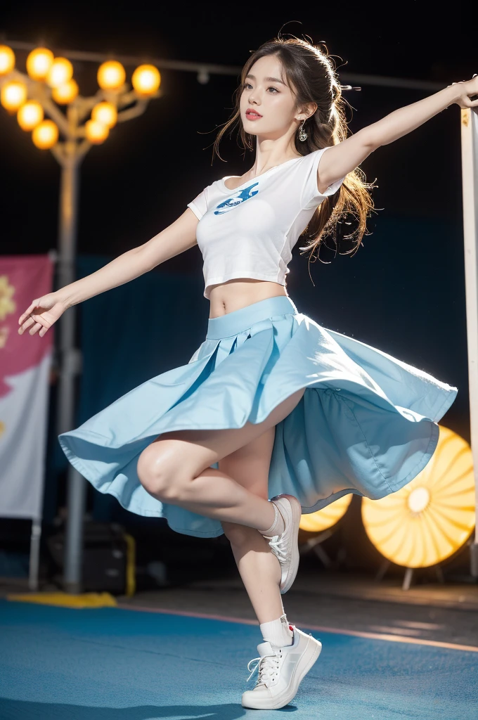 (((best quality))), (((ultra detailed))), (((masterpiece))), illustration,((a beautiful girl,solo)),(shoulder length straight hair:1.2),((slim,thin)),((small breasts,flat chest,claviclis,navel)),(blue short-sleeved white shirt:1.5),(blue mini-skirt:1.3),(slender legs:1.2),(sneakers:1.3),(standing:1.3),(on a stage:1.3),((outside a shopping mall, at the entrance of a beer promotional event)), ((surrounded by crowded crowds)),((her hair and the edges of her skirt fluttering in the air)), the girl's attire reflecting the vibrant spirit of summer, a sense of youthful charm and confidence exuding from her, her hair flows freely in the wind, the fluttering skirt accentuating her graceful movements, her expressive eyes and infectious smile drawing people closer, the stage adorned with colorful decorations, the vibrant atmosphere enhanced by the enthusiasm of the crowd, onlookers of various ages captivated by her performance, clapping, cheering, and taking photos, the girl's graceful dance transforming the ordinary streets into a vibrant and lively venue, her energy and charisma captivating the audience, the scene encapsulating the spirit of summer and the beauty of artistic expression,(night scene:1.3),(from front:1.3),(arms behind back:1.3),(full body:1.3)