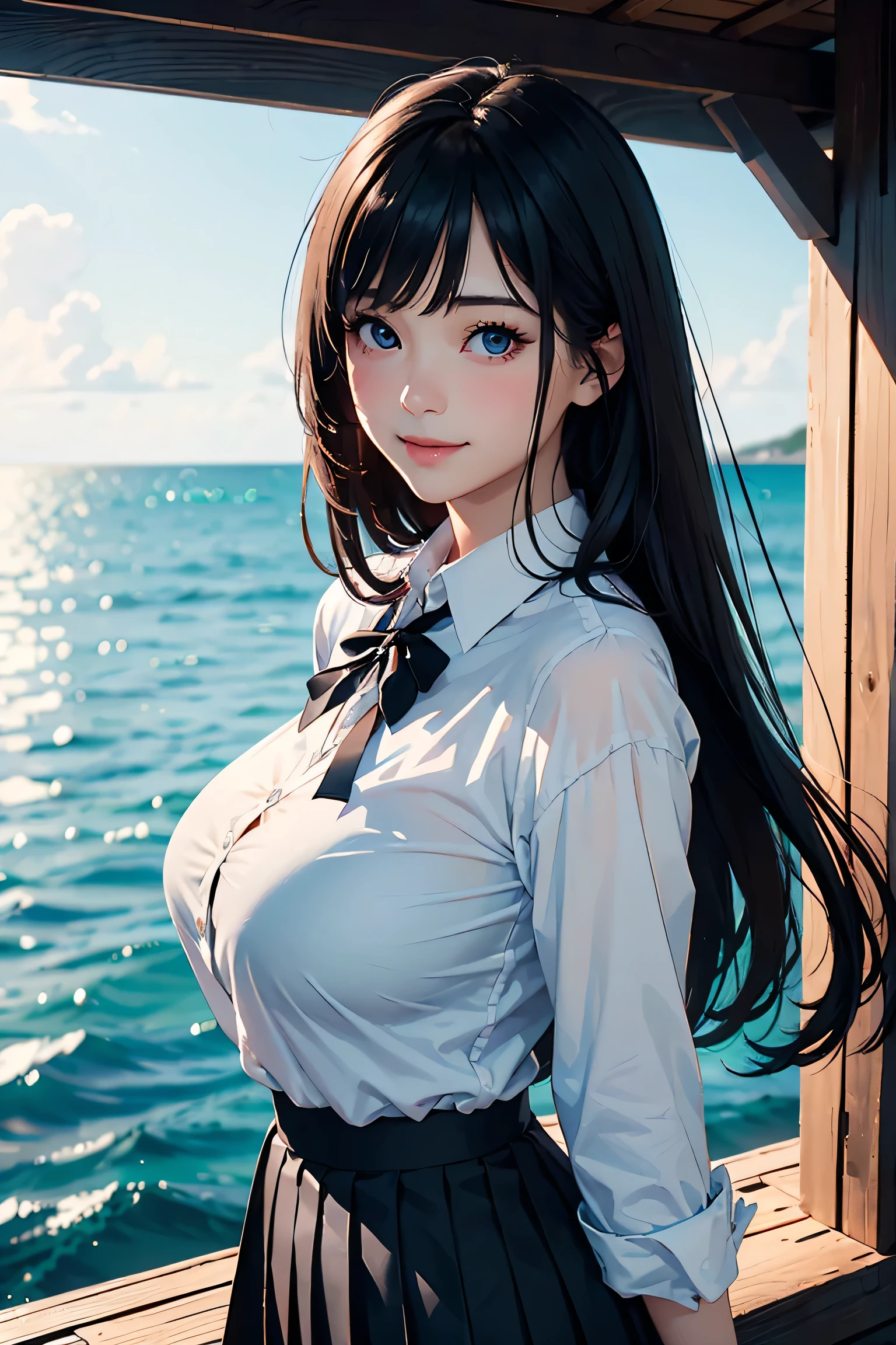 (masterpiece:1.2, Highest quality), (Realistic photos), Beautiful illustrations, (Natural side lighting, Cinema lighting),High detail、1 girl, Japanese、20-year-old female, Perfect Face, Symmetrical cute face, Glowing Skin, (Straight Long Hair、Black Hair), Dark blue eyes, (Huge breasts:1.2), Slender build, Flowing bangs、Beautiful Hair, Beautiful Face, Fine and beautiful eyes, Beautiful body, Beautiful breasts, (White collared shirt、Small black ribbon、Navy blue pleated skirt),smile、Blushing、stand、port、Ocean、Breakwater