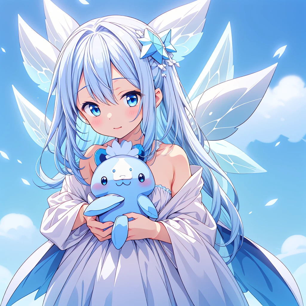 A cute white and blue fantasy creature、Star Fairy、stuffed toy、cg,stuffed toyにフォーカス、stuffed toy