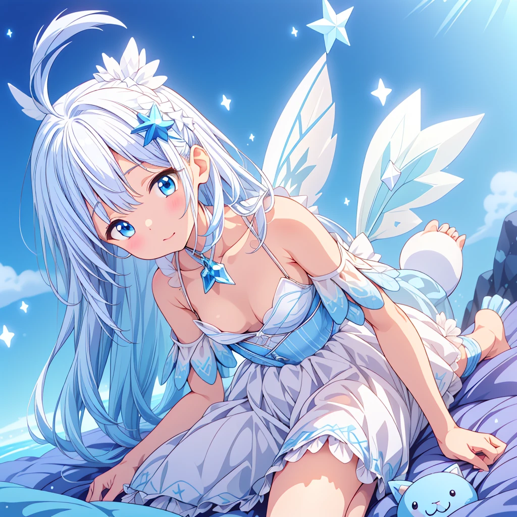 A cute white and blue fantasy creature、Star Fairy、stuffed toy、cg,stuffed toyにフォーカス、stuffed toy