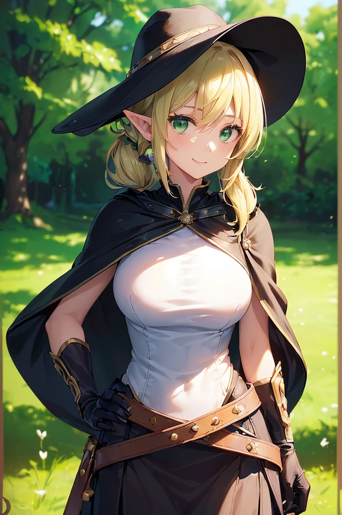 (((masterpiece; best quality: 1.2))), (finely detailed eyes: 1.3), (25 year old elf woman), (solo), (green eyes: 1.4), (body; big breasts, fit, femenine: 1.3), (silky blonde hair in low ponytail: 1.3), (beautiful and clear background: 1.2), ((depth of field)), (equipment: adventurer garb + modest + elegant wide-brim hat + dark blouse + dark cape + black long skirt + gloves + belt + pouches: 1.3), (anime illustration: 1.2), (background composition; royal garden: 1.1), (extremely fine and beautiful: 1.1), (shot composition; standing + centered on torso + close-up: 1.5), (expression; calm, smile: 1.2)