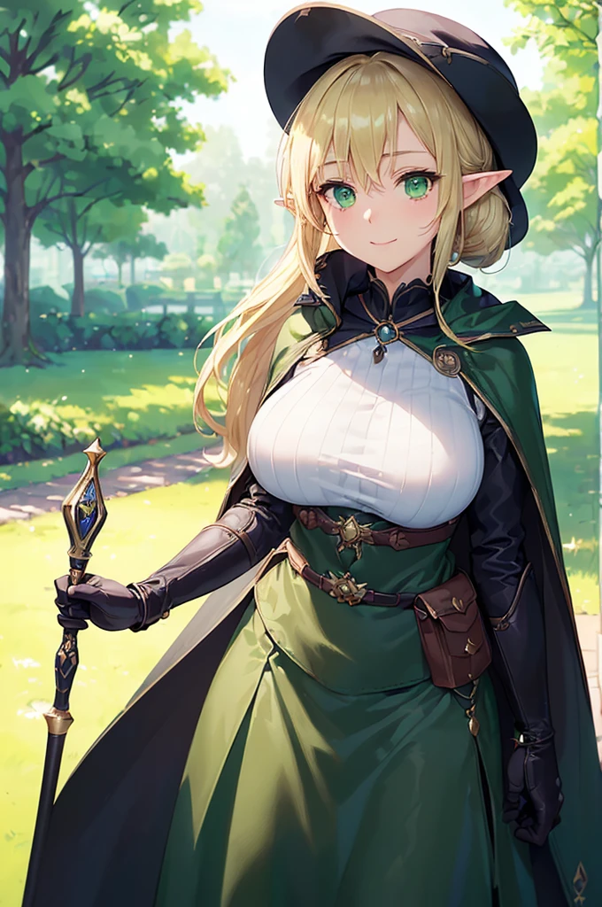 (((masterpiece; best quality: 1.2))), (finely detailed eyes: 1.3), (25 year old elf woman), (solo), (green eyes: 1.4), (body; big breasts, fit, femenine: 1.3), (silky blonde hair in low ponytail: 1.3), (beautiful and clear background: 1.2), ((depth of field)), (equipment: adventurer garb + modest + elegant wide-brim hat + dark blouse + dark cape + black long skirt + gloves + belt + pouches: 1.3), (anime illustration: 1.2), (background composition; royal garden: 1.1), (extremely fine and beautiful: 1.1), (shot composition; standing + centered on torso + close-up: 1.5), (expression; calm, smile: 1.2)