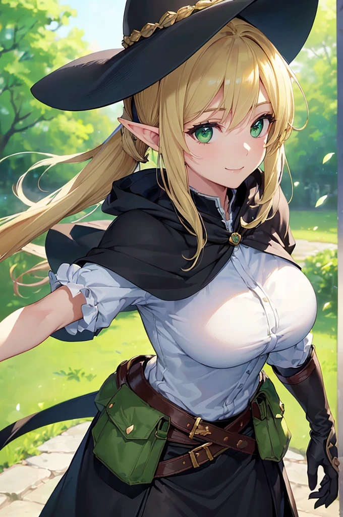(((masterpiece; best quality: 1.2))), (finely detailed eyes: 1.3), (25 year old elf woman), (solo), (green eyes: 1.4), (body; big breasts, fit, femenine: 1.3), (silky blonde hair in low ponytail: 1.3), (beautiful and clear background: 1.2), ((depth of field)), (equipment: adventurer garb + modest + elegant wide-brim hat + dark blouse + dark cape + black long skirt + gloves + belt + pouches: 1.3), (anime illustration: 1.2), (background composition; royal garden: 1.1), (extremely fine and beautiful: 1.1), (shot composition; standing + centered on torso + close-up: 1.5), (expression; calm, smile: 1.2)
