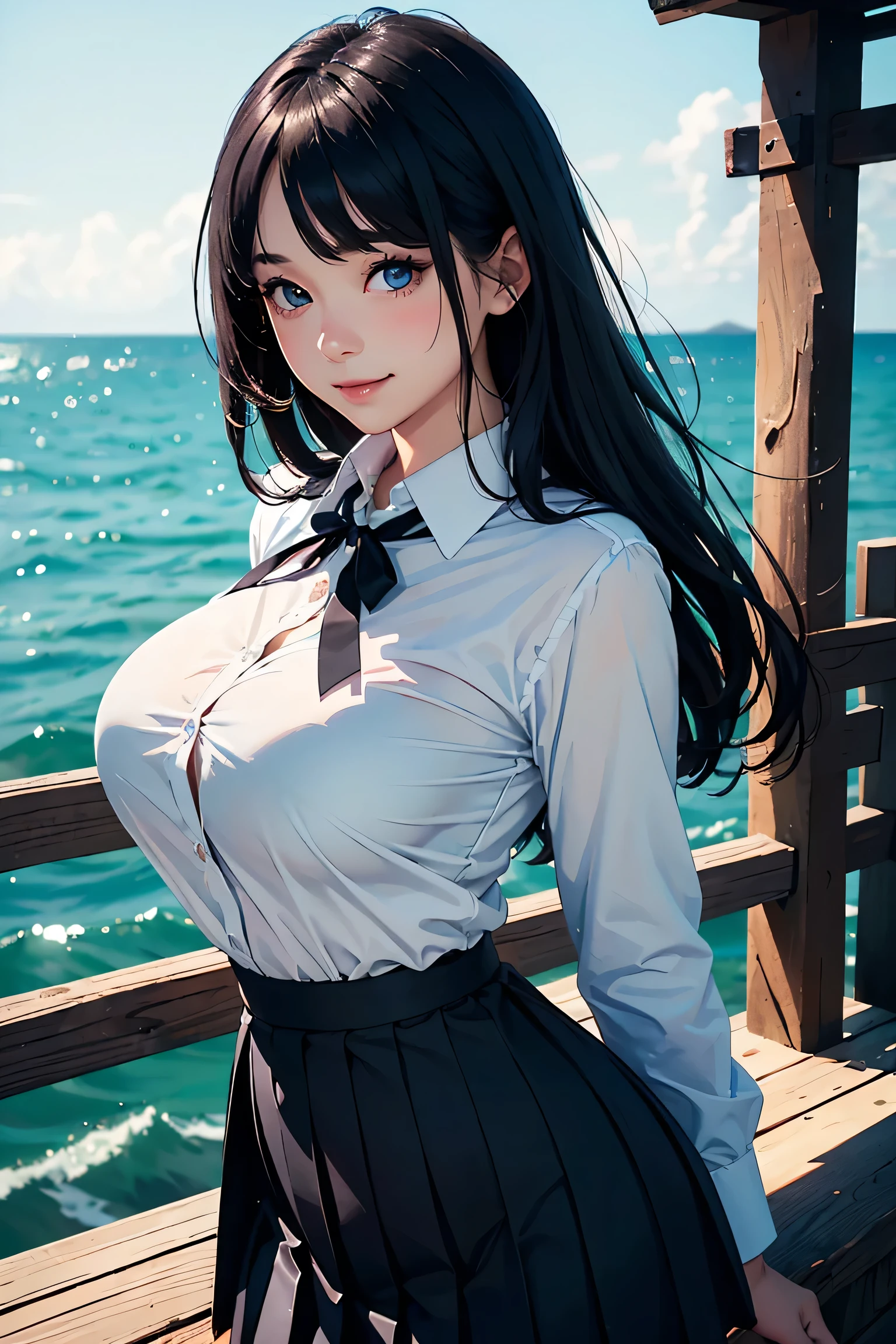 (masterpiece:1.2, Highest quality), (Realistic photos), Beautiful illustrations, (Natural side lighting, Cinema lighting),High detail、1 girl, Japanese、20-year-old female, Perfect Face, Symmetrical cute face, Glowing Skin, (Straight Long Hair、Black Hair), Dark blue eyes, (Huge breasts:1.2), Slender build, Flowing bangs、Beautiful Hair, Beautiful Face, Fine and beautiful eyes, Beautiful body, Beautiful breasts, (White collared shirt、Small black ribbon、Navy blue pleated skirt),smile、Blushing、stand、port、Ocean、Breakwater