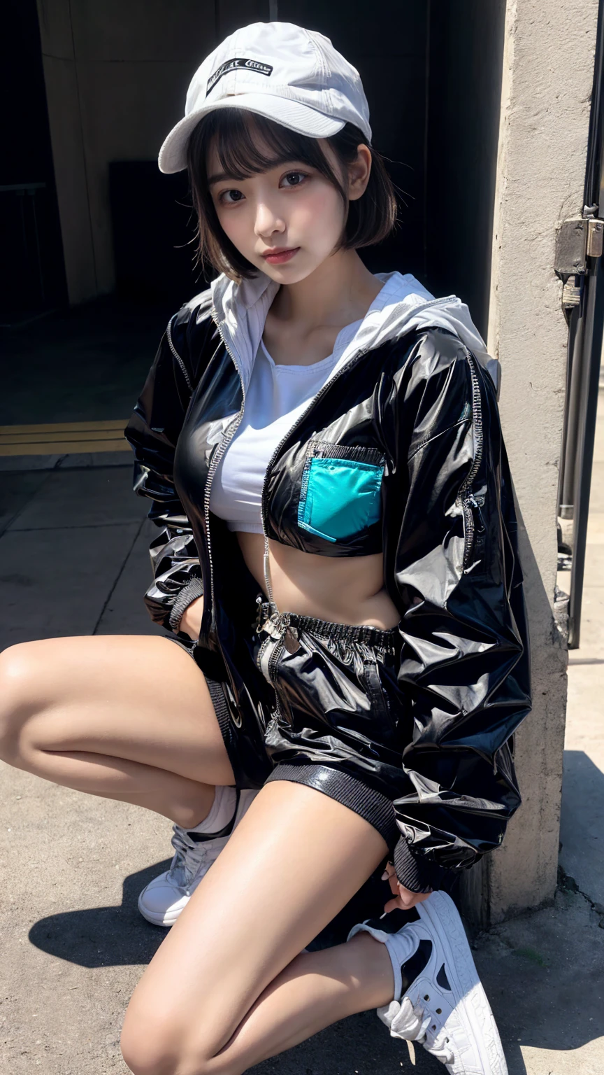 Masterpiece, 8K, award-winning photos, photorealistic, realistic, ultra detailed, ultra high definition, ray tracung, _ the most beautiful, Gravure quality for high-end fashion magazines, 22 years old ,(sexy,Japanese idol, gray hair, short hair),shiny skin , detailed skin , detailed face , perfect anatomy, 1girl
_
BREAK (droopy eyes, Natural makeup:1.2),light color, crying a little, Harajuku style, huge breasts,
_
glowing blue eyes, tan skin,
_
BREAK (black and White theme:1.4), (oversized and baggy black outerwear:1.3), (fusion of black windbreaker and White hoodie:1.4), (black Nylon:1.4), ((zipper, large pocket):1.3), BREAK (black and white :1.2), (black platform high-cut sneakers:1.2),(Black leather short pants),(baseball cap),
Inorganic concrete studio with windows, highly detailed background, , ultra-realistic textures, dramatic lighting ,raw photo, _(dutch angle and curtsey ,on side:1.2), looking at viewer,
