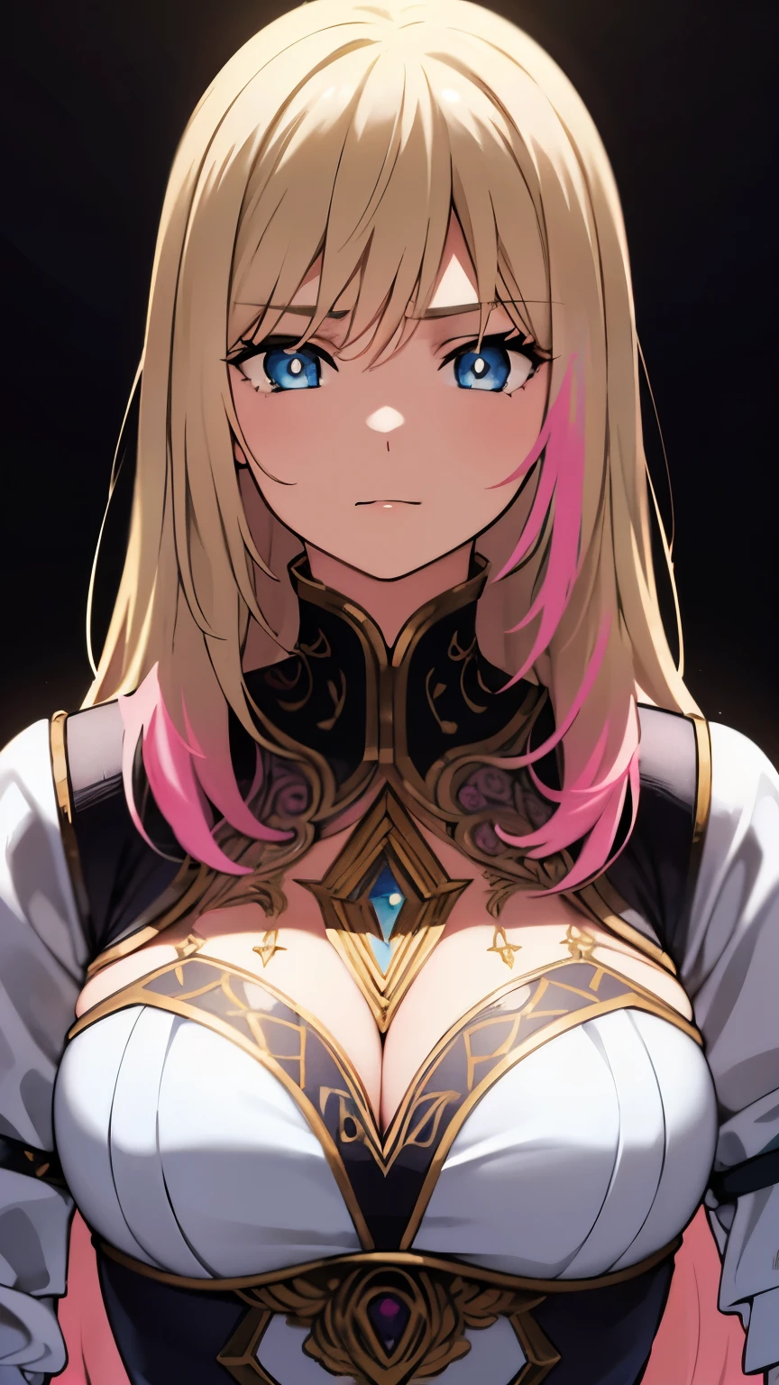 a beautiful blonde girl with pink and multicolored hair, detailed blue eyes, hyper realistic, masterpiece, 1girl, extremely detailed, intricate details, cinematic lighting, dramatic pose, titan giant, RikaKawaiR4