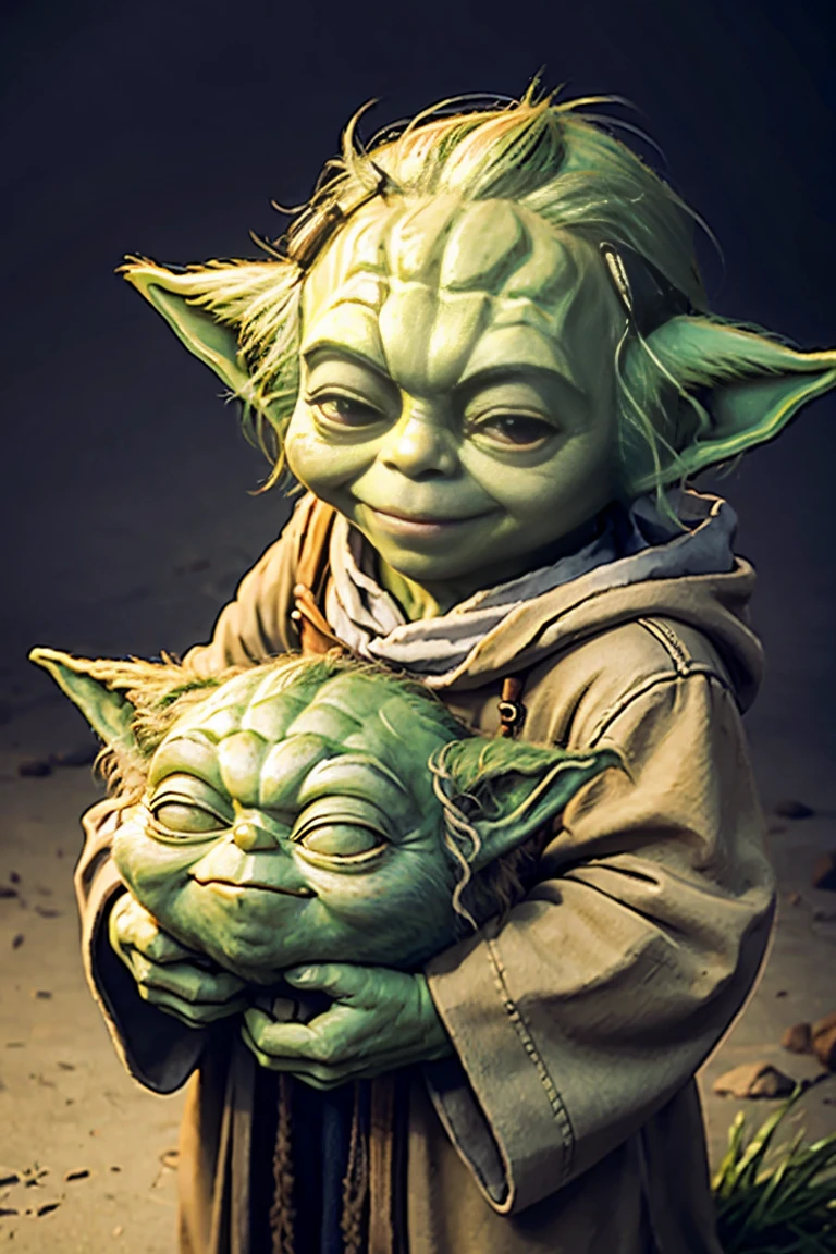 short smiling yoda with a full head of shaggy thick hair