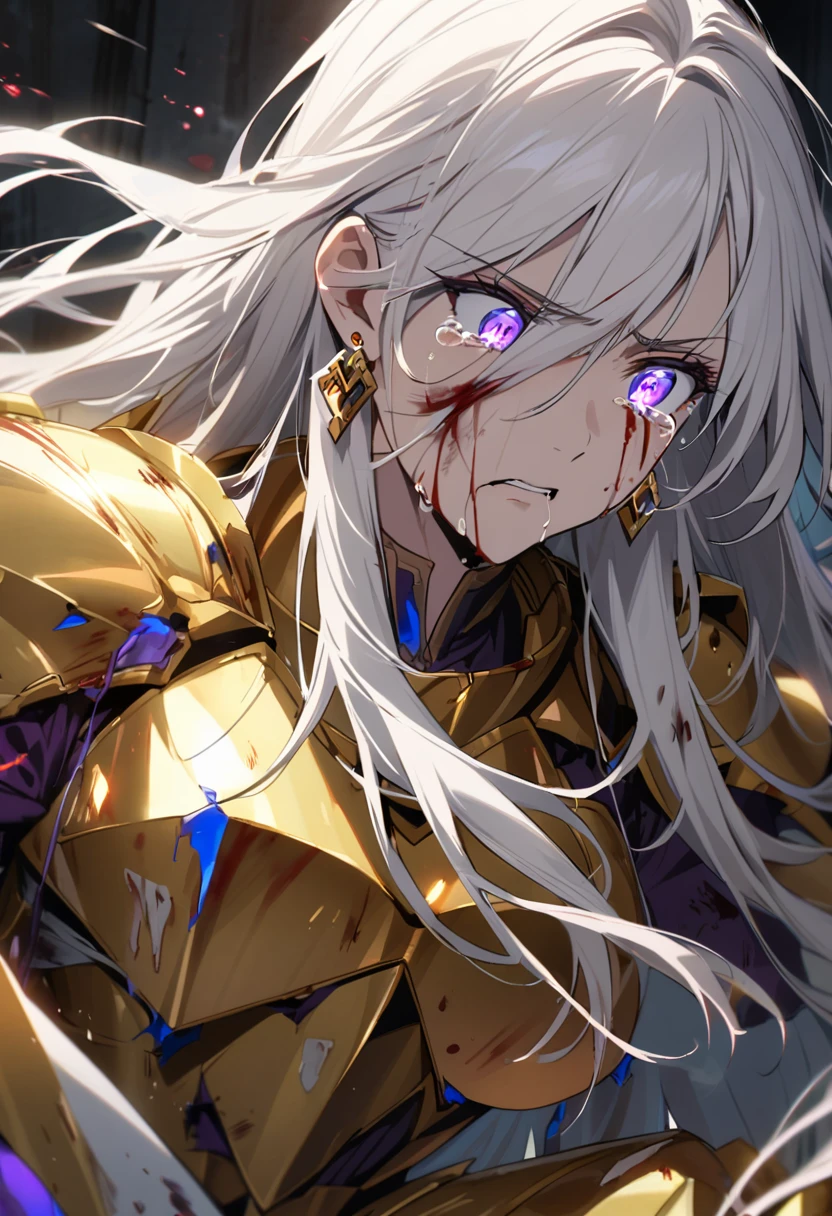 woman, blue eyes, long hair, white hair, , god eyes, diamond earings, glowing right eyes, two colors eyes, purple eyes, golden armor, injured, blood, dead, tears, glowing eyes, determination