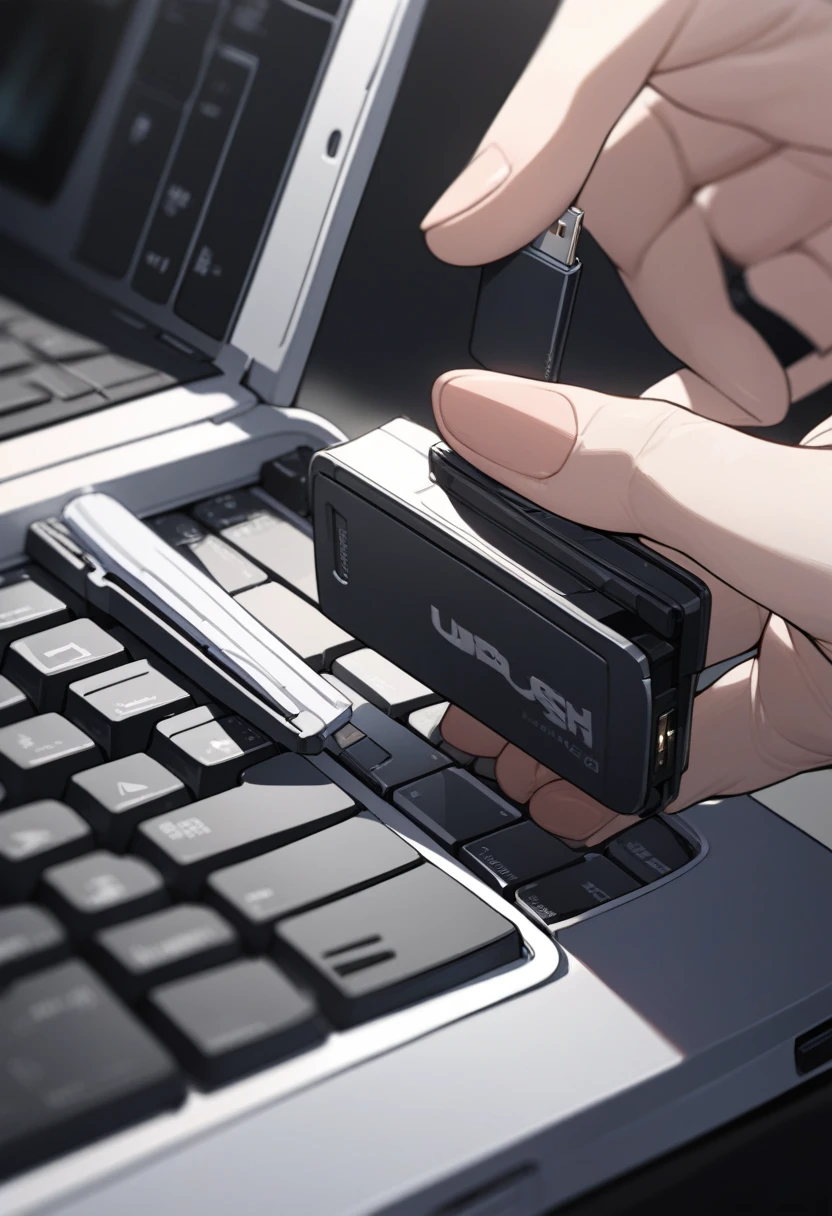 ((background only)),masterpiece, best quality, extremely detailed, ultra detailed, flat anime, 2D, close-up of a hand, inserting a USB flash memory into a laptop's USB port, laptop keyboard is visible, the USB flash memory has a black casing,