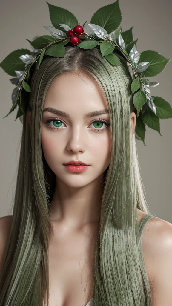 a girl.  face sent feeling.  Europe.  Oval face.  long face.  delicate facial features.  friendly eyes.  seductively seductive.  green eyes.  long straight hair.  green hair.  Silver wreath on head.  Red lips.  expression of harmony.  straight face