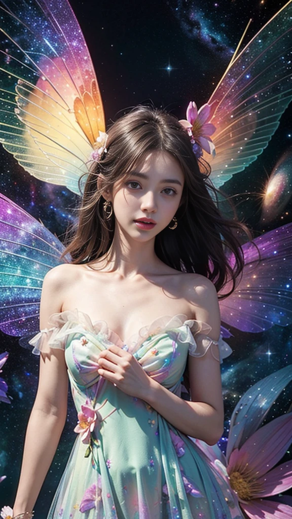 4k ultra hd, masterpiece, a girl, good face, detailed eyes, detailed lips, flower fairy girl, big wings, transparent wings, neon lights, (galaxy background:1.5), (flower dress:1.5), green dress, in the heaven,