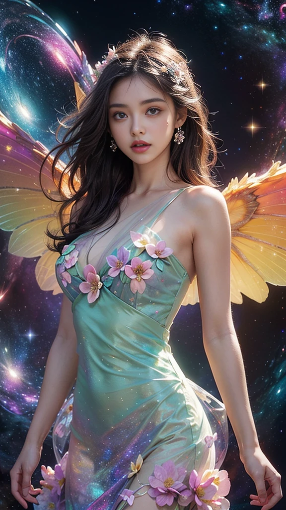 4k ultra hd, masterpiece, a girl, good face, detailed eyes, detailed lips, flower fairy girl, big wings, transparent wings, neon lights, (galaxy background:1.5), (flower dress:1.5), green dress, in the heaven,