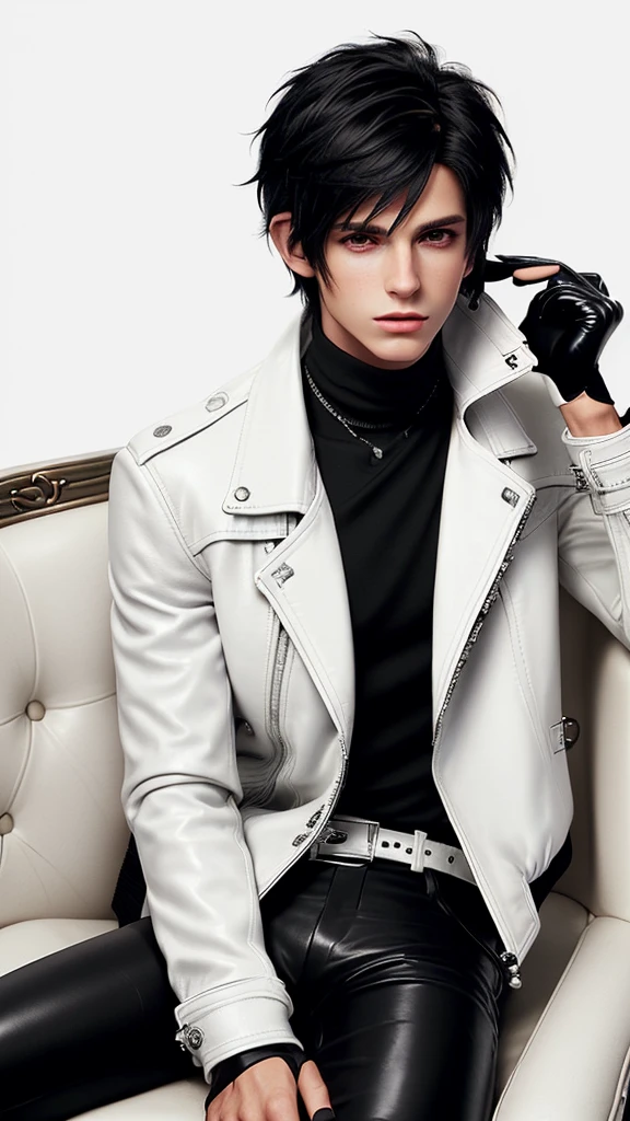 Final fantasy taste and reality graphics, Japanese young cute and cool ikemen boy, his age is early 20s, thin eyebrows and beady eyes, ((he wearing off white color leather thick material jacket)), ((jacket is singlebrest)), biker style jacket, with epaulet, jacket is long sleeve, ((must close the front of the leather jacket)), , ((voluminous leather jacket)), ,((must jacket is high length and stand-up collar)) ((jacket collar with two belts)), ((jacket is a little black color line pattern)),((close the front of the jacket)), ((also wearing black thick material turtleneck lackluster shirts)), ((tight black leather pants)), ((black leather tight and thin glove)), ((black leather knee-high raceup boots)),((must views head-to-toe)),((must views whole body)), ,((Do not show skin from the neck down)),leather jacket leather glove and leather pants have few wrinkles,boy sitting on a chair, Avoid showing your innerwear,zip up jacket fastner.
Boy touching owns private parts with right hand.
Bous face is expression of ecstasy.
Boy is black hair.boy looks like fashion model.