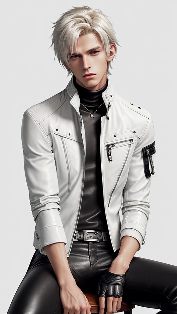 Final fantasy taste and reality graphics, Japanese young cute and cool ikemen boy, his age is early 20s, thin eyebrows and beady eyes, ((he wearing off white color leather thick material jacket)), ((jacket is singlebrest)), biker style jacket, with epaulet, jacket is long sleeve, ((must close the front of the leather jacket)), , ((voluminous leather jacket)), ,((must jacket is high length and stand-up collar)) ((jacket collar with two belts)), ((jacket is a little black color line pattern)),((close the front of the jacket)), ((also wearing black thick material turtleneck lackluster shirts)), ((tight black leather pants)), ((black leather tight and thin glove)), ((black leather knee-high raceup boots)),((must views head-to-toe)),((must views whole body)), ,((Do not show skin from the neck down)),leather jacket leather glove and leather pants have few wrinkles,boy sitting on a chair, Avoid showing your innerwear,zip up jacket fastner.
Boy touching owns private parts with right hand.
Bous face is expression of ecstasy.
Boy is black hair.boy looks like fashion model.