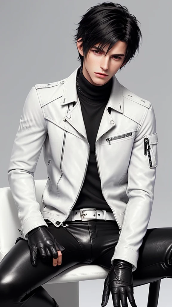 Final fantasy taste and reality graphics, Japanese young cute and cool ikemen  boy, his age is early 20s, thin eyebrows and beady eyes,  ((he wearing off white color leather  thick material jacket)), ((jacket is singlebrest)), biker style jacket, with epaulet, jacket is long sleeve, ((must close the front of the leather jacket)), , ((voluminous leather jacket)), ,((must jacket is high length and stand-up collar)) ((jacket collar with two belts)), ((jacket is a little black color line pattern)),((close the front of the jacket)), ((also wearing black thick material turtleneck lackluster shirts)),  ((tight black leather pants)),  ((black leather tight and thin glove)), ((black leather knee-high raceup boots)),((must views  head-to-toe)),((must views whole body)), ,((Do not show skin from the neck down)),leather jacket leather glove and leather pants have few wrinkles,boy sitting on a chair, Avoid showing your innerwear,zip up jacket fastner.
Boy touching owns private parts with right hand.
Bous face is expression of ecstasy.
Boy is black hair.boy looks like fashion model.