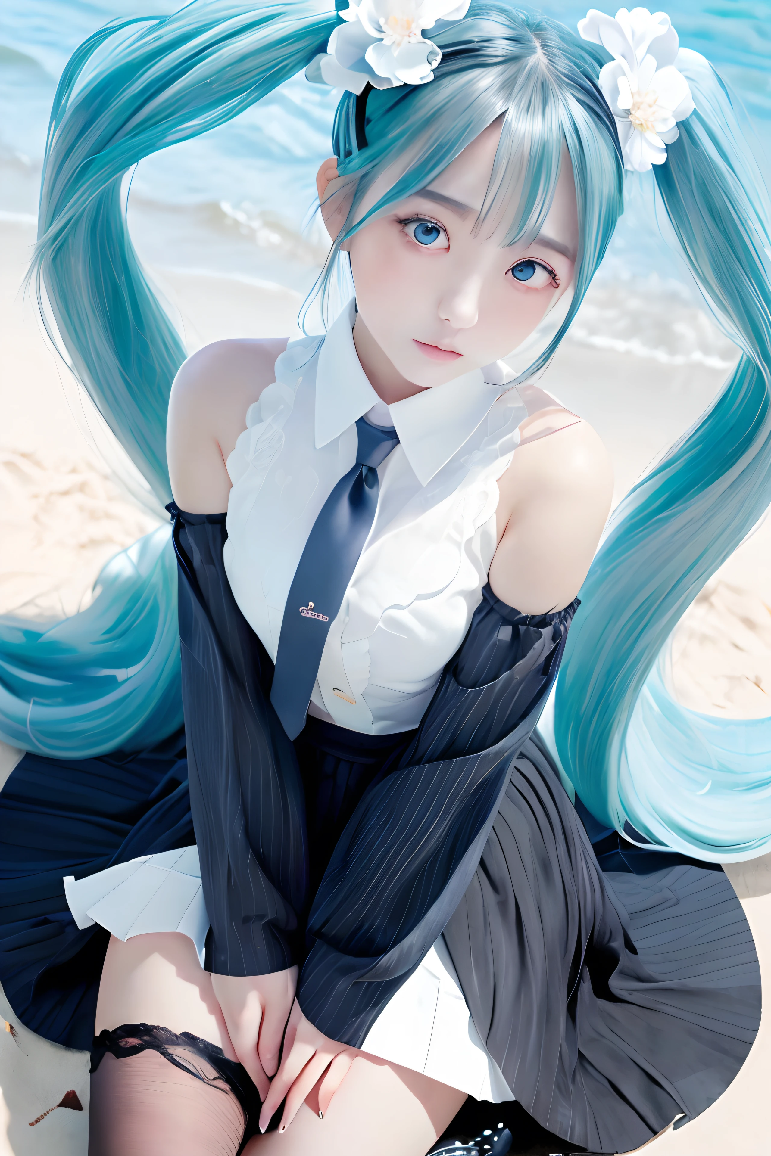 unpleasant eyes、Drunk Eyes、Stranger、White blue sky、Strong summer sunlight、Beach、Sandy Beach、coastal、Raise one leg。澄み切ったblue sky、Connecting、On all fours、seiza、Put your hand in your crotch、miku hatsune、Official Art, masterpiece, Gothic Lolita、Sharp focus, (Beautiful gorgeous and cute Korean woman:1.3), (Beautiful and cute Korean woman:1.3), Korean Beauty, Delicate and beautiful hair, eyes and face, Realistic, ultra-detailedliert, Beautiful girl, blue sky, Glowing White Particles, (Side light:1.2), Light of the sun, White cloud, Sunny clouds, Slender, One Girl, Dynamic Angle,whole body, 100 floors,Tabletop,Highest,Highest,wonderful,wonderful,detailed,stylish,figure,Action Shots, Target your audience, Put your hands in your pockets, , Blunt bangs, hairpin, shy,Ultra-thin illustration,(((Beautiful fine hair))),(((Beautiful Faces))),(((Beautiful background))),
