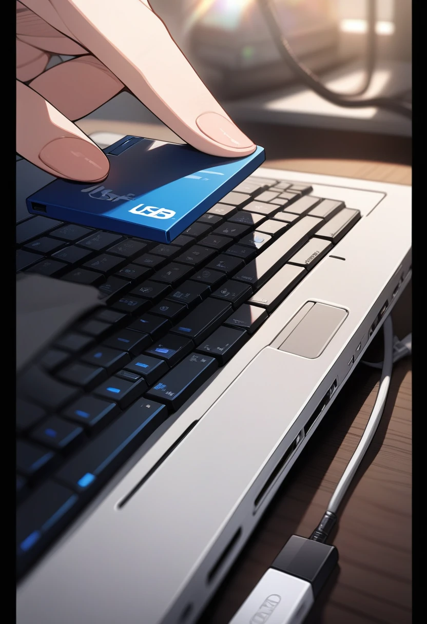 ((background only)),masterpiece, best quality, extremely detailed, ultra detailed, flat anime, 2D, close-up of a female hand, inserting a USB flash memory into a laptop's USB port, laptop keyboard is visible, the USB flash memory has a black casing,