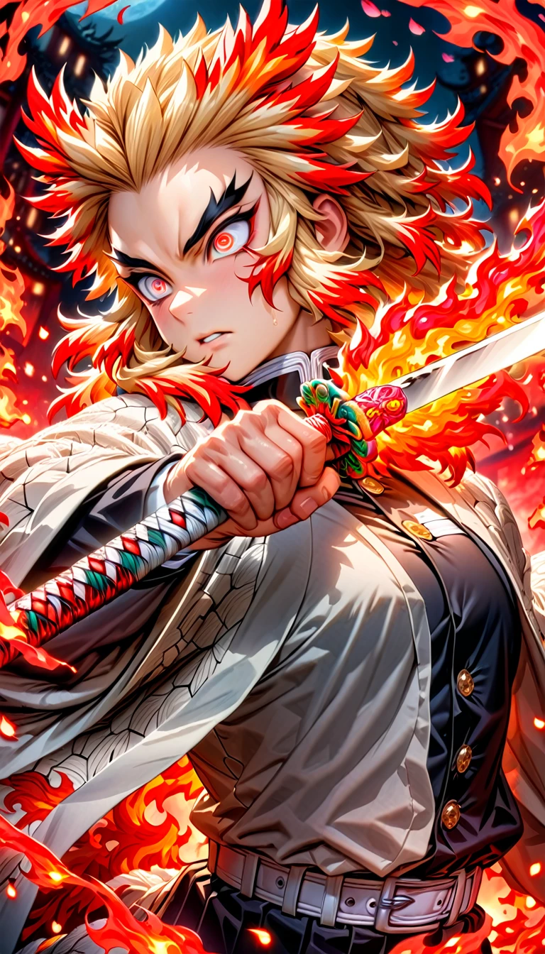 Ultra detailed, highres, absurdres, HDR, master piece, Rengoku Kyojuro, blond hair, expressive golden eyes, white haori with patters of flames, black demon slayer uniform, Kimetsu No Yaiba, fantasy, petals, red flowers, handsome, sexy man grabbing a sword, solo, magic, shining red fireflies, red moon, best quality, extremely detailed face and eyes, fire, grabbing a sword