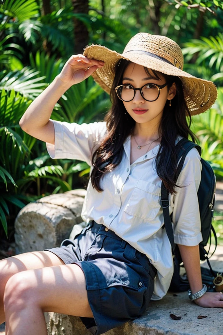 girl, (beautiful:1.2), (round glasses:1.3), backpack, long hair, wavy hair, (explorer outfit:1.2), (safari hat:1.1), (cargo shorts:1.1), (hiking boots:1.1), (binoculars:1.1), looking at viewer, outdoor background, forest, (masterpiece, high quality, best quality), realistic, natural lighting, smile, confident pose, (map in hand:1.1), (compass:1.1), (camera:1.1), earrings, necklace, (sun-kissed skin:1.1), (freckles:0.8), detailed eyes, (leaf pattern shirt:1.1), (water bottle:1.0), (insect repellent:0.9), (sunscreen:0.9), (adventure-ready:1.2), (enthusiastic expression:1.2)