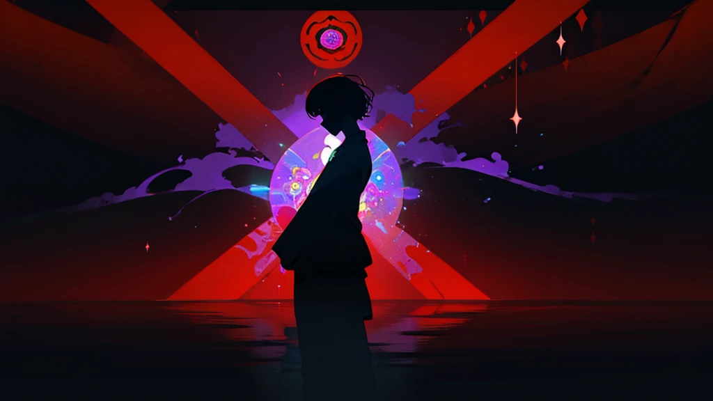 A silhouette in a meditative pose is painted black, standing out against a bright, colorful background. Chakras are represented as gradient circles, ranging from red at the base to violet at the top, emitting subtle glows. Abstract and organic patterns surround the silhouette, evoking nature and harmony. The painting captures the balance and inner peace of the chakras and yoga in a minimalist and evocative artistic composition..