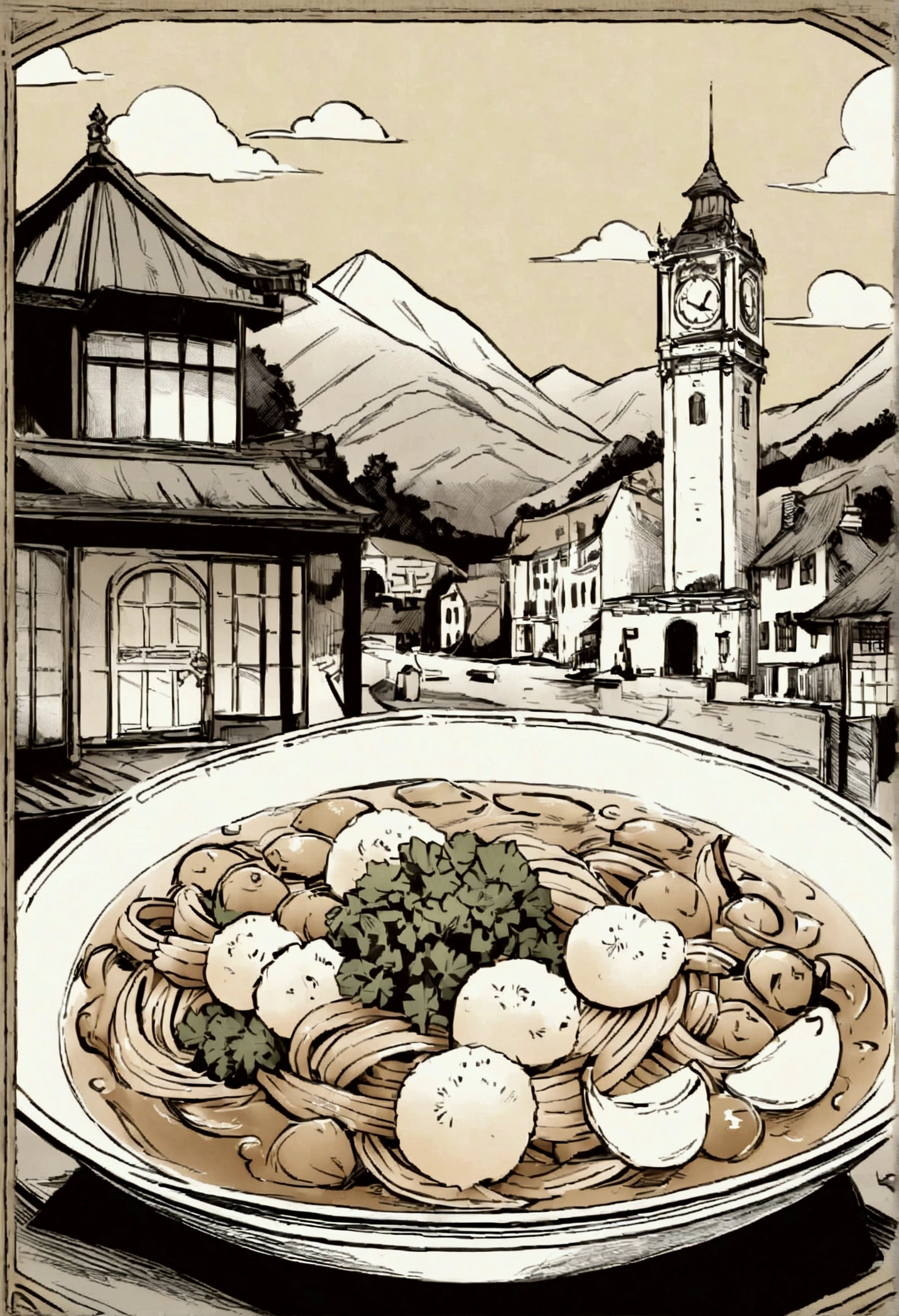 Create a vintage-style illustration featuring a bowl of shrimp noodle soup in the foreground, with an ornate border design. In the background, depict a picturesque scene with a prominent clock tower, traditional buildings, a winding river, and mountainous terrain, old building restaurant, no river included. Use a sepia-toned color palette to give the illustration an antique feel.