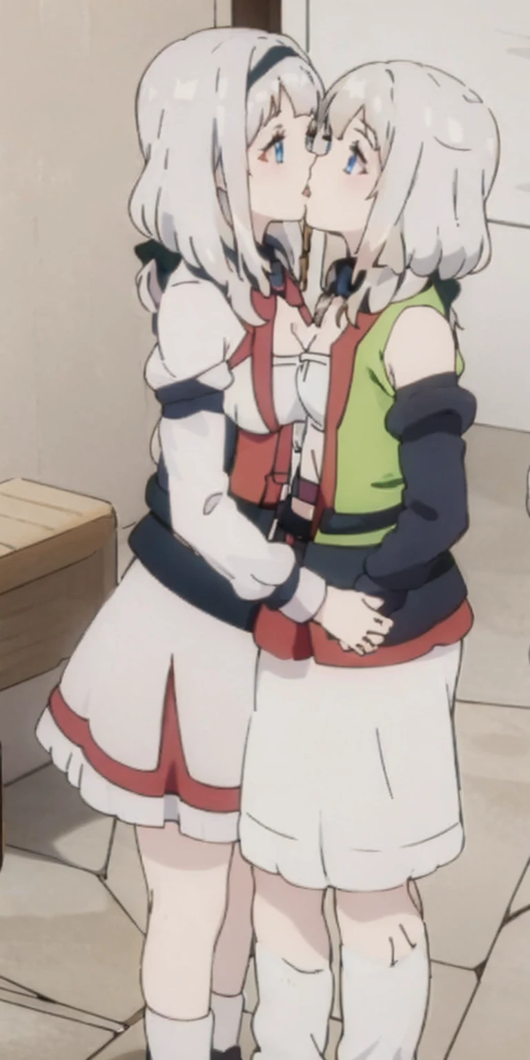 (Roxanne+ Rurushi Maid outfit) 2girls together, standing next to each other, holding hands and hugging each other, french kiss, kiss, add details, very detailed