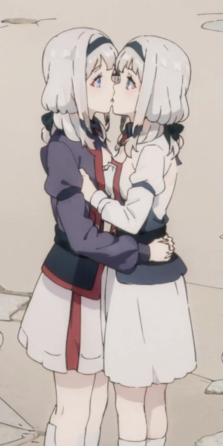 (Roxanne+ Rurushi Maid outfit) 2girls together, standing next to each other, holding hands and hugging each other, french kiss, kiss, add details, very detailed
