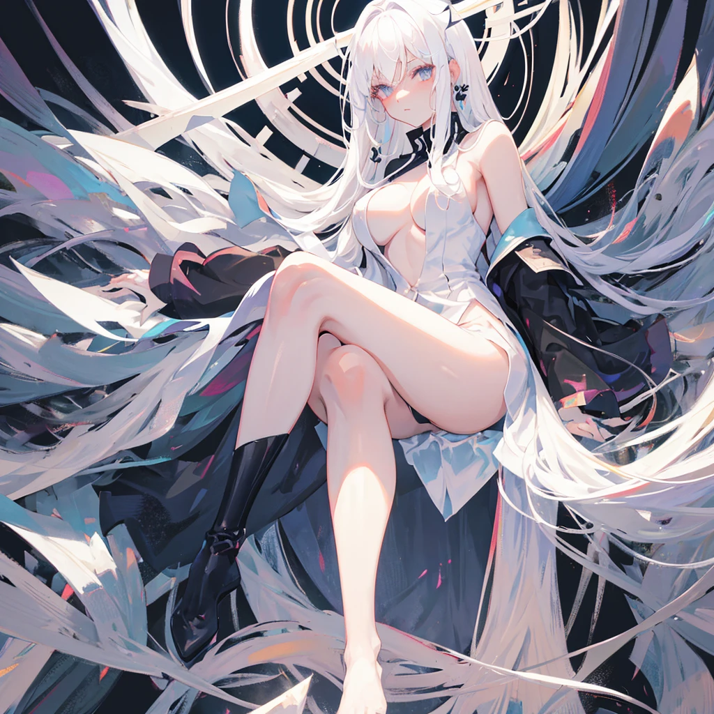A beautiful woman,Hair half white and half black,Half white and half black,Sexy,Bare legs,((Pure white background))
