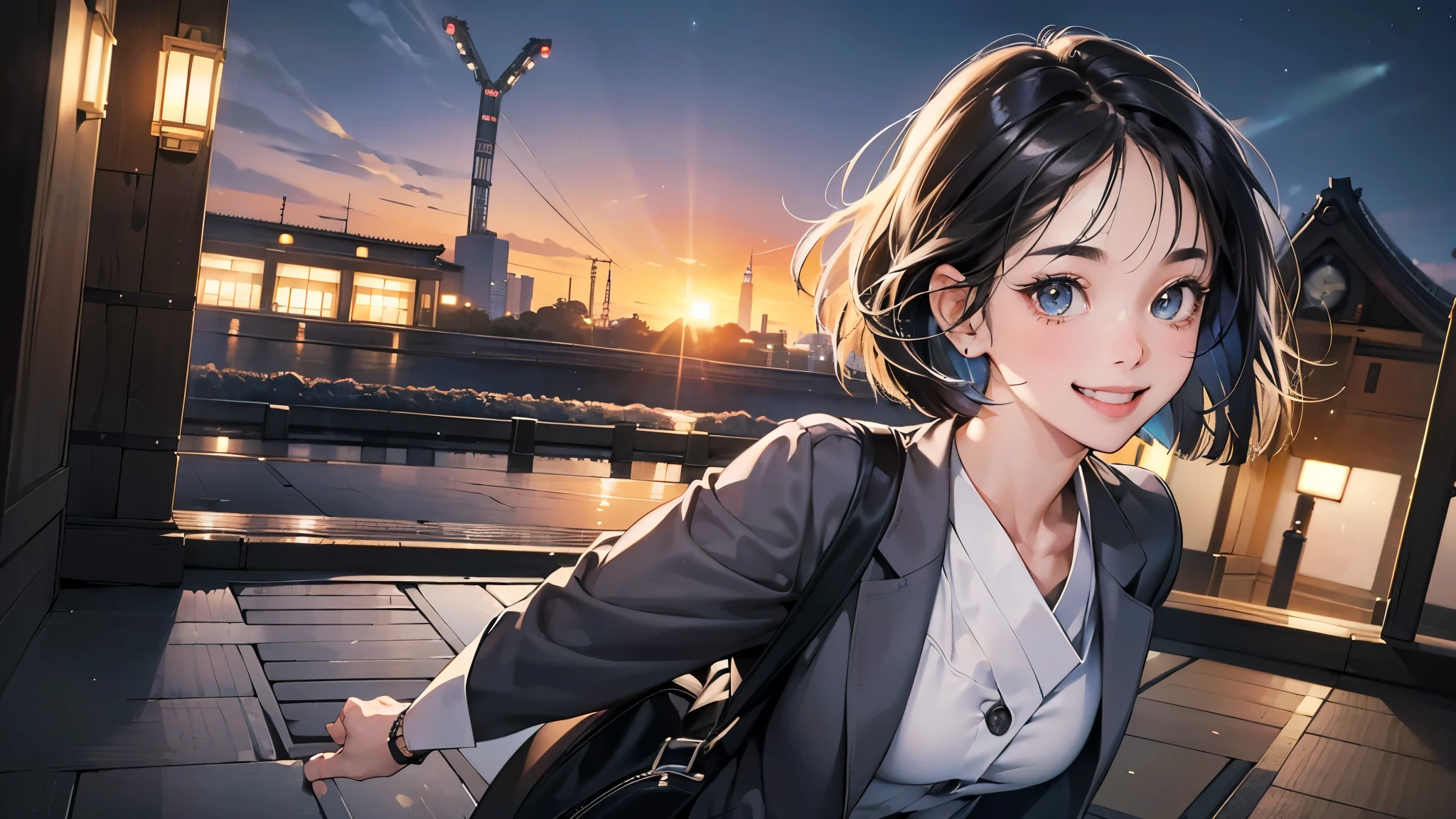(perfect anatomy:1.2)(absurdres, highres, ultra detailed),masterpiece,best quality,high resolution,8k,Realistic face,Realistic skin texture,magnified textures, stunning clarity,detailed anime girl,(ultra detailed eyes and face),(1 girl:1.5)21years old,she is office worker,,black hair, bob cut,natural make,grey jacket,grey pants,white brouse,sparkling eyes.small nose,roundface,(tokyo train station:1.4),night,bussines district,she is walking,(looks happy:1.5),feeling freedom,(smile:1.5),look at viewer,upper body,she's waving bye-bye
